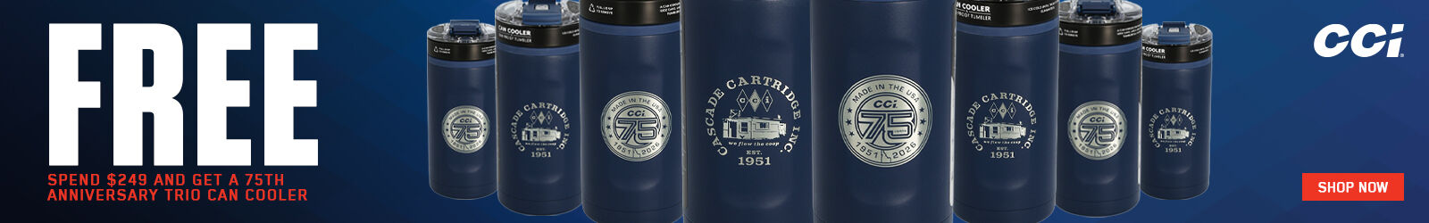 FREE; Spend $249 and get the 75th anniversary trio can cooler; Shop Now