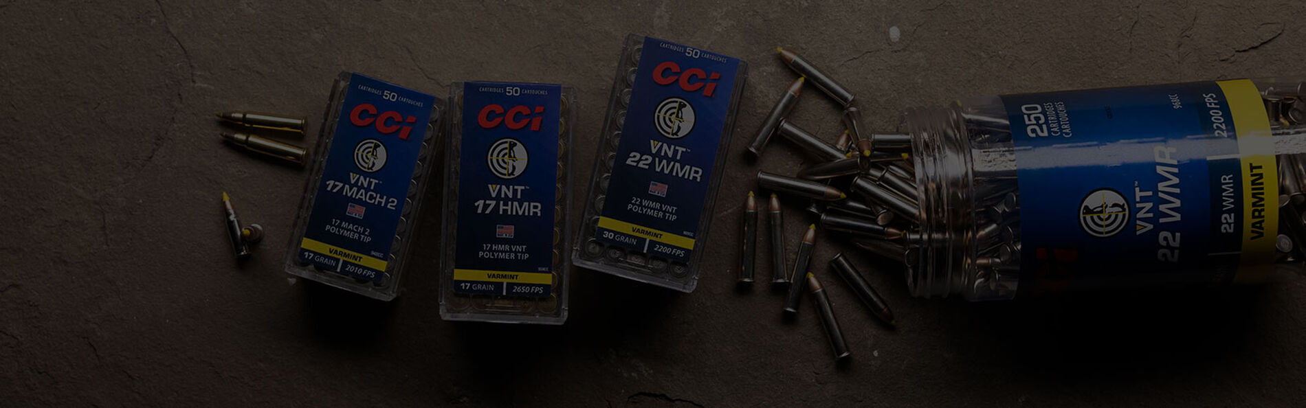 CCI VNT 17 Mach, 17 HMR, 22 WMR packaging laying on a table
