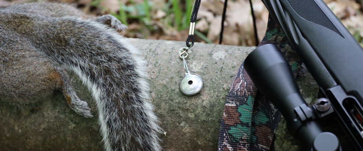 dead squirrel on a log with a rifle beside