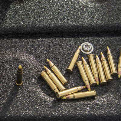 cartridges and magazine laying on a table