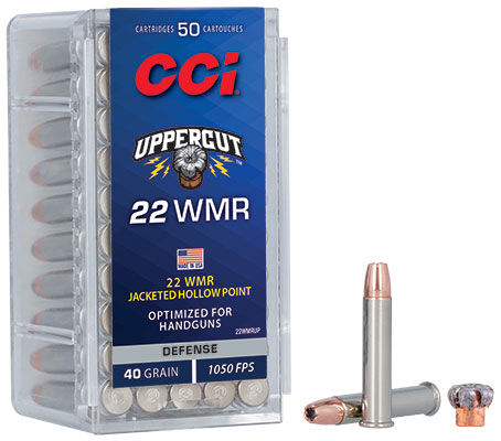 Uppercut 22 WMR package, cartridge, and upset