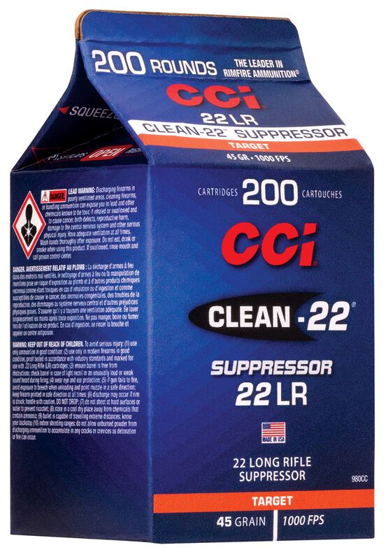 Clean-22 Suppressor, 22 LR, 45 Grain, Lead Round Nose, 1000 fps