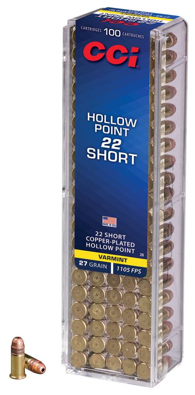 Short Hollow Point, 22 Short, 27 Grain, Copper Plated Hollow Point, 1105 fps