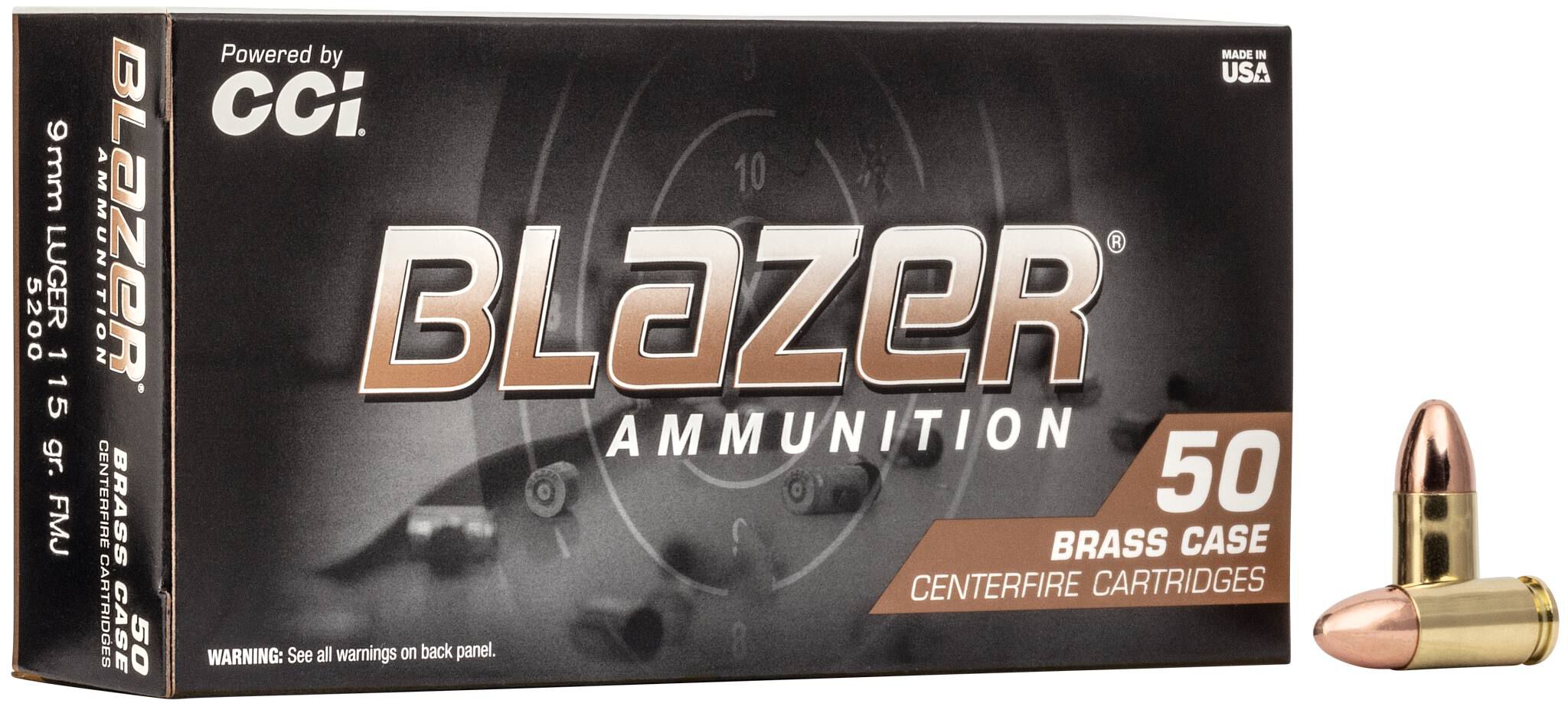 Blazer Brass 9mm 115gr FMJ Case - Reliable Range Ammo 1000 Rounds 5 Blazer Brass 9mm 115gr FMJ Case CCI Blazer Brass 9mm Luger ammo box with 115 grain FMJ cartridges