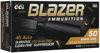 Blazer Brass Clean-Fire Suppressor, 45 Auto, 230 Grain, Total Metal Jacket, 800 fps
