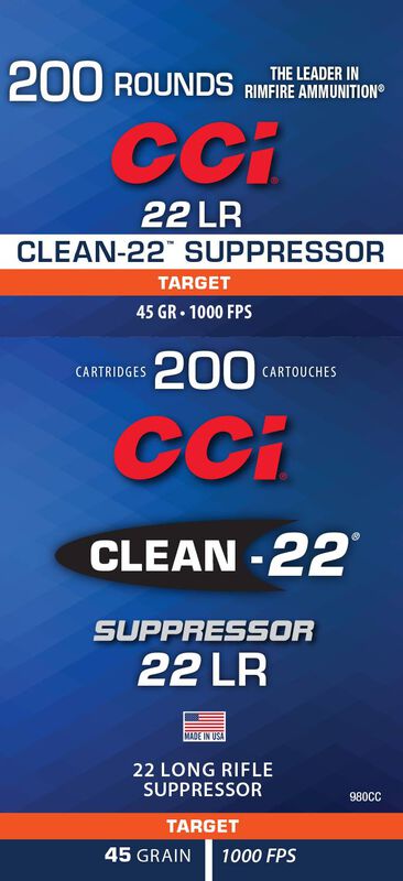 Clean-22 Suppressor, 22 LR, 45 Grain, Lead Round Nose, 1000 fps