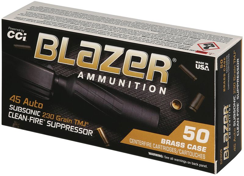 Blazer Brass Clean-Fire Suppressor, 45 Auto, 230 Grain, Total Metal Jacket, 800 fps