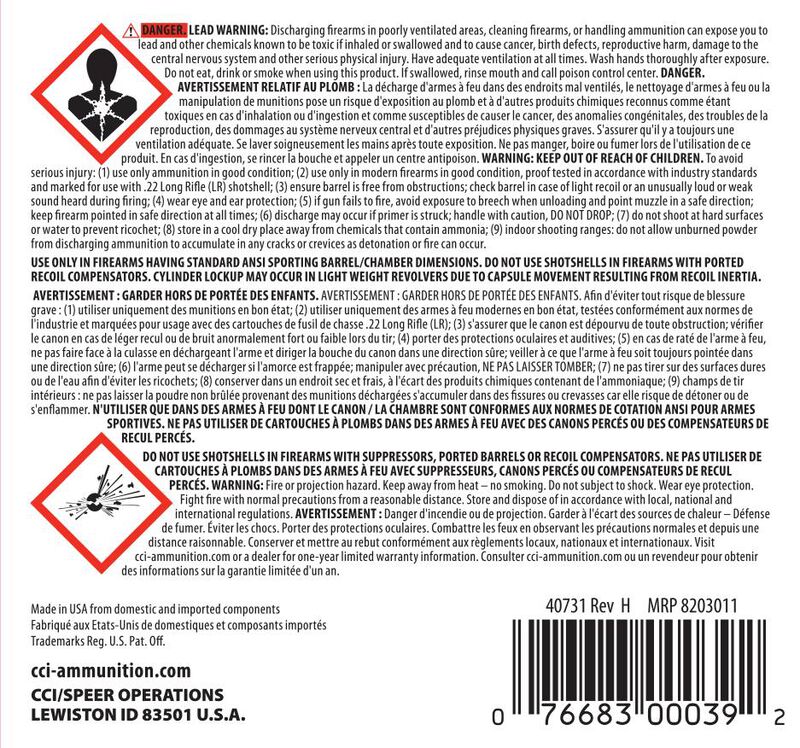 Rimfire Shotshell, 22 LR, 12 Shot, 1000 fps