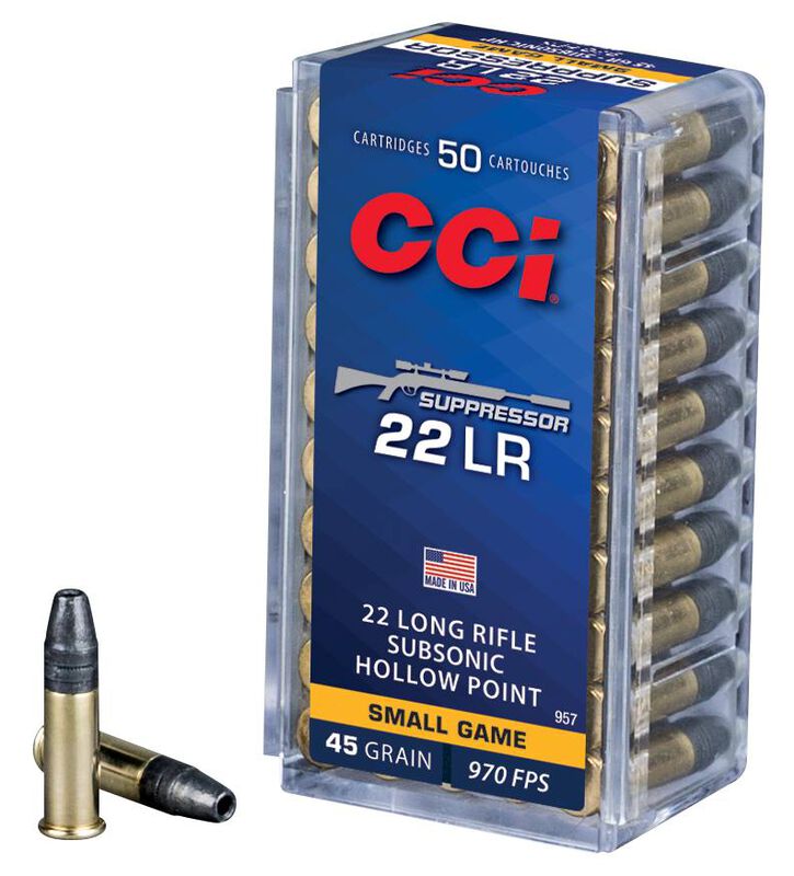22 Suppressor, 22 LR, 45 Grain, Lead Hollow Point, 970 fps