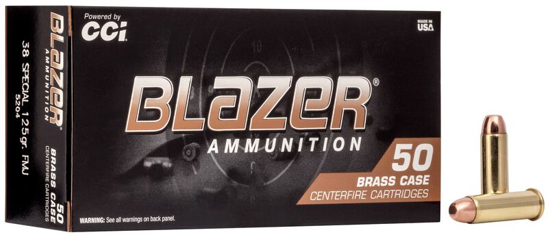 Blazer Brass, 38 Special, 125 Grain, Full Metal Jacket, 865 fps 38 Special Caliber Ammo - 50 Rounds of 125 Grain Weight Ammunition (5204)