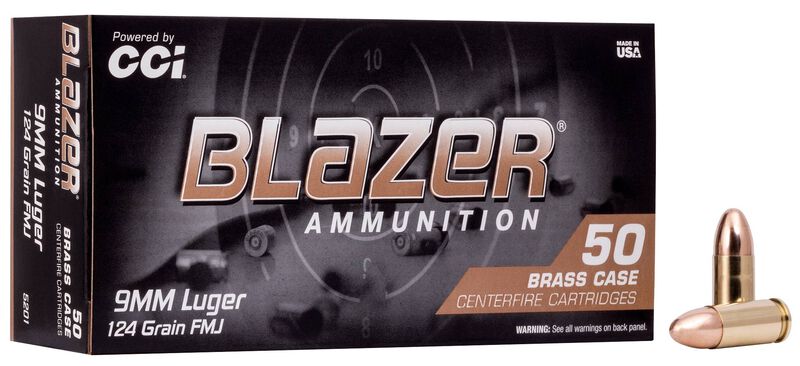 Blazer Brass, 9mm Luger, 124 Grain, Full Metal Jacket, 1090 fps 9mm Luger Caliber Ammo - 50 Rounds of 124 Grain Weight Ammunition (5201)