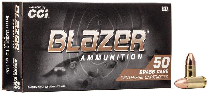 Blazer Brass, 9mm Luger, 115 Grain, Full Metal Jacket, 1145 fps 9mm Luger Caliber Ammo - 50 Rounds of 115 Grain Weight Ammunition (5200)