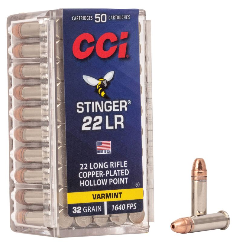 Stinger, 22 LR, 32 Grain, Copper Plated Hollow Point, 1640 fps 22 LR Caliber Ammo - 50 Rounds of 32 Grain Weight Ammunition (50)