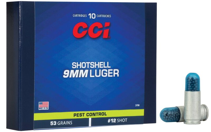Pest Control Shotshell, 9mm Luger, 12 Shot, 900 fps 9mm Luger Caliber Ammo - 10 Rounds of 53 Grain Weight Ammunition #12 Shot Ammunition (3790)